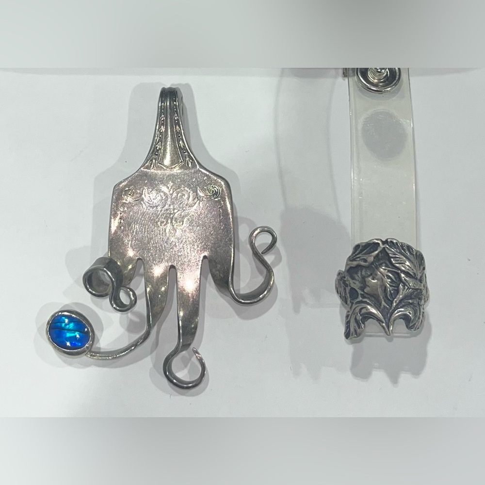 Unique Jewelry Set: Artisan Fork Pendant & Art deco - Woman in Iris Flower Ring